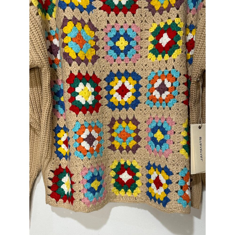 Blue Velvet Granny Square Knit Long Sleeve Sweater Mocha Multicolor Small NWT - Picture 4 of 15